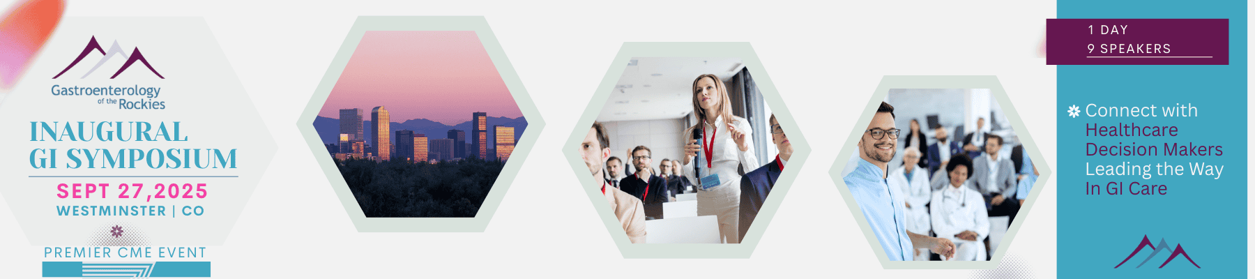 Web banner shows image of people at a healthcare conference with image of Denver Rocky Mountain backdrop.