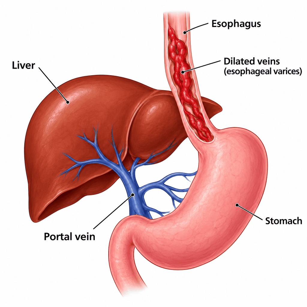 Illustration shows liver, portal vein, esophagus and stomach